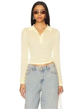 Lioness Soft Pale Yellow Long-Sleeve Polo Knit Size S